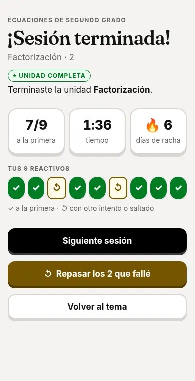 Pantalla de cierre de sesión con los aciertos y el avance del tema